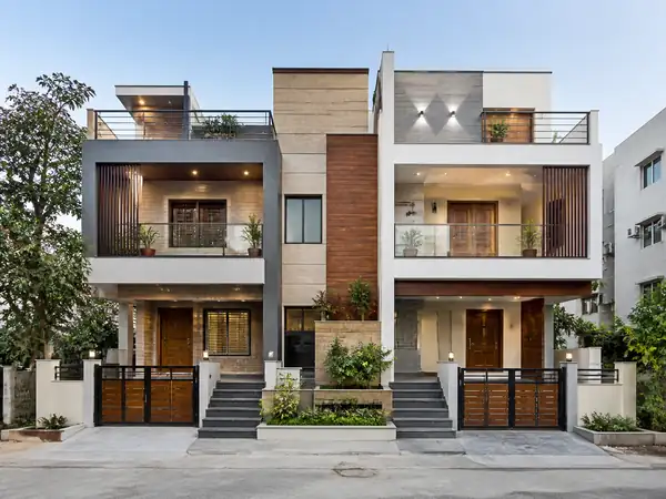 Contemporary home facade presented as a realistic 3D rendered view