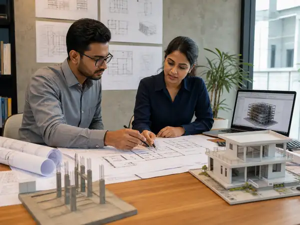 Architectural and structural design team reviewing plans and a home model in office