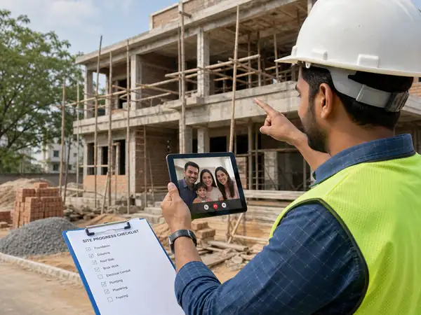 Construction engineers coordinating column and beam layout with site drawings