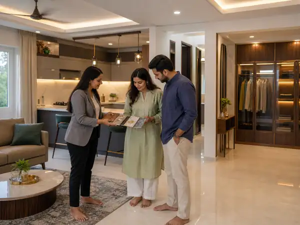Architect and client reviewing concept floor plan options for a Bangalore home
