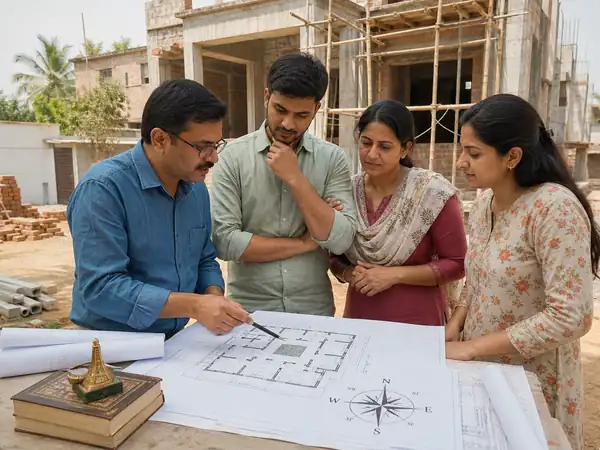 Site engineers validating structural approval drawings for ongoing construction