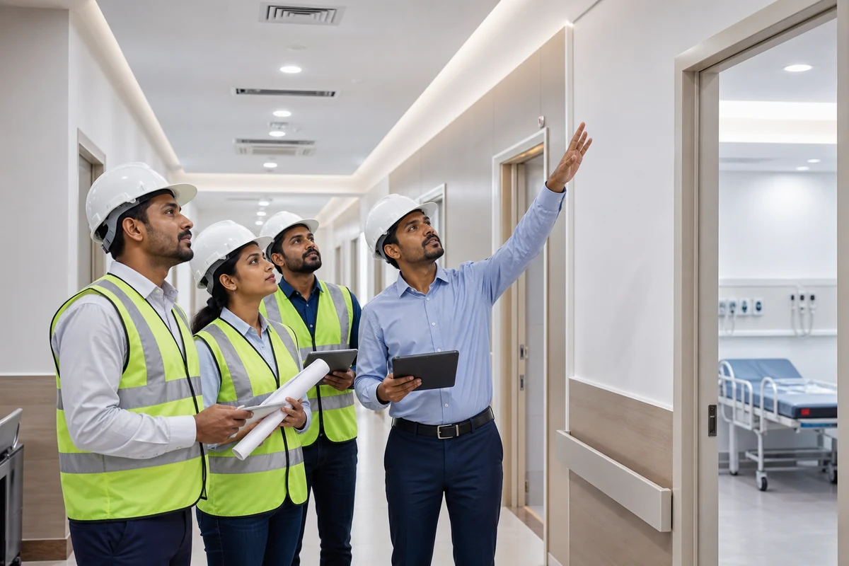 Indian project team inspecting a newly finished clinic corridor with clean medical-grade finishes