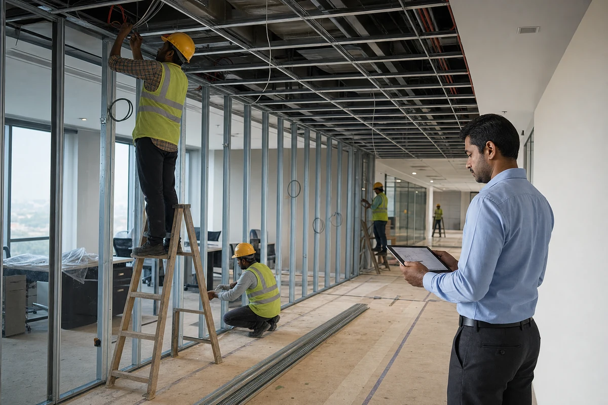 Commercial floor fit-out in progress with partition framing and electrical rough-ins