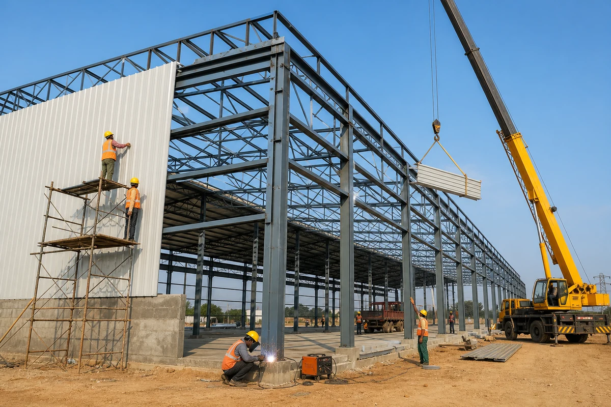Industrial shed construction with steel trusses and cladding installation crew