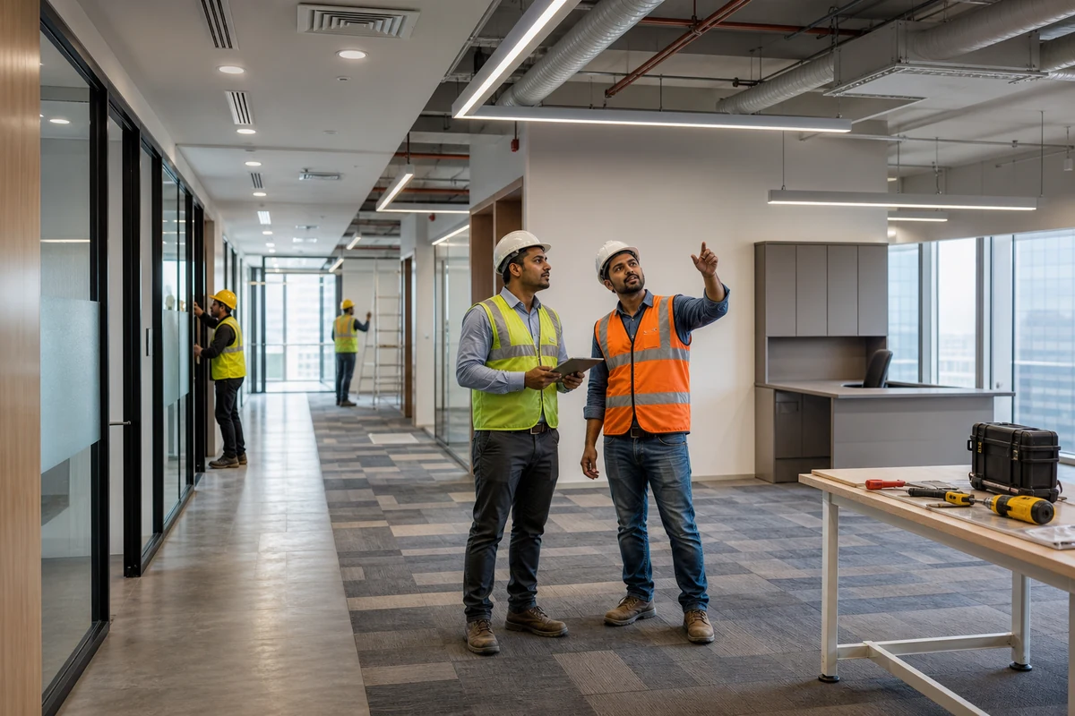 Commercial office interior fit-out with Indian site engineers reviewing final details