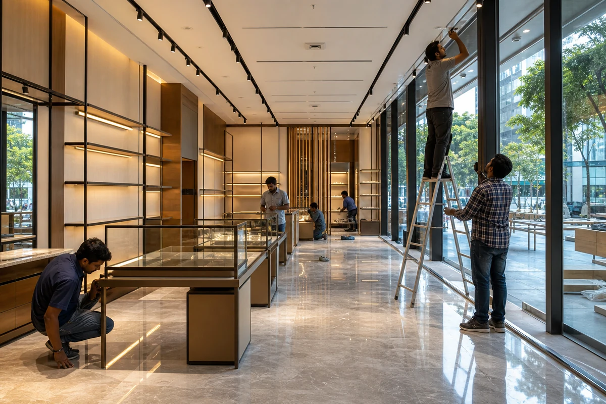 Retail showroom under final construction setup with lighting and display fixtures