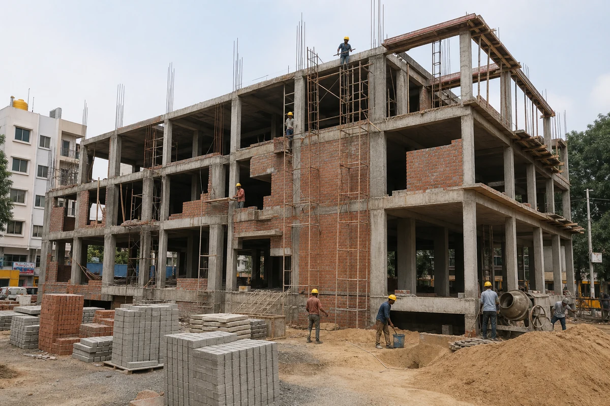 Small commercial complex structure under construction in an urban Bangalore neighborhood