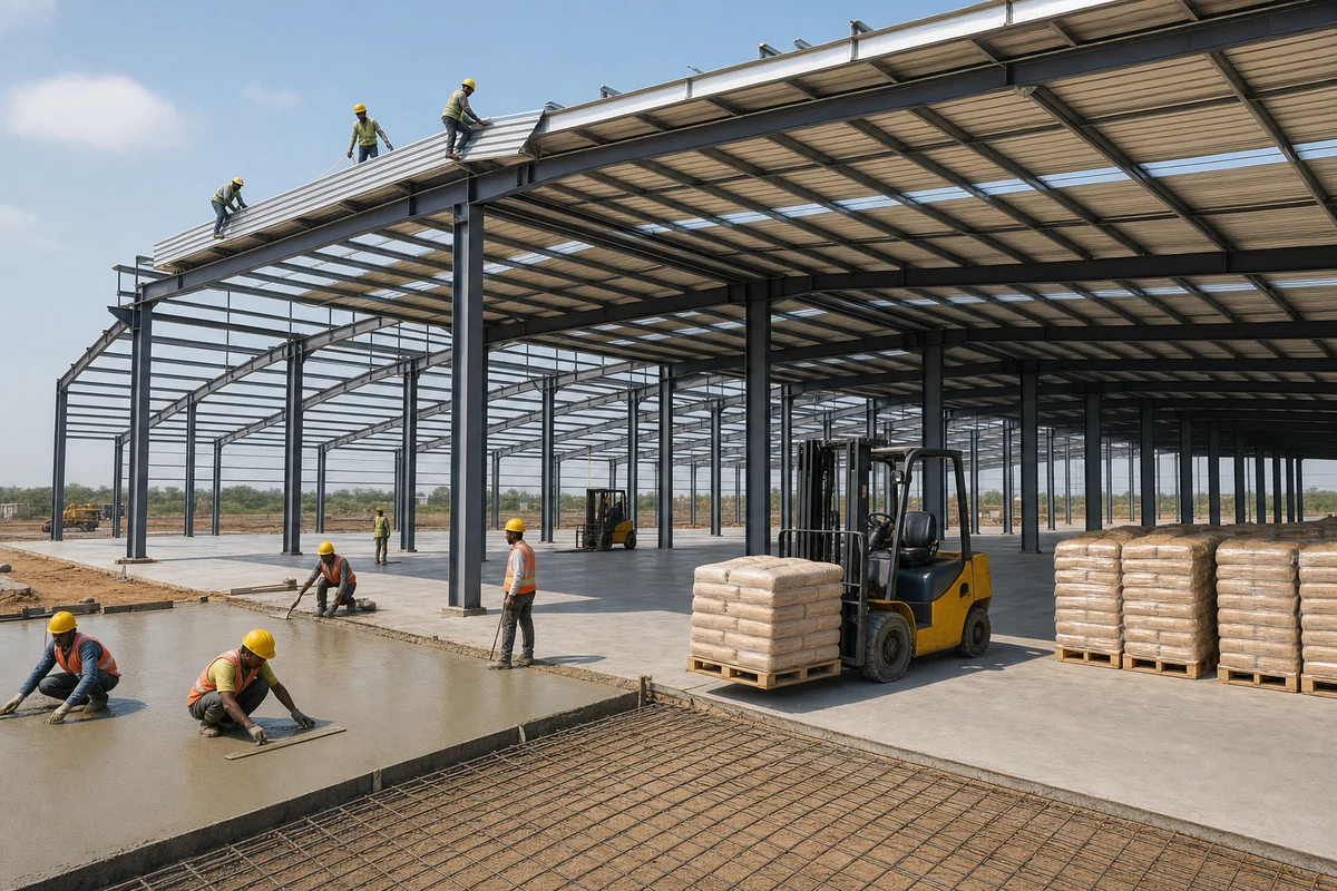 Warehouse construction with steel framing, concrete flooring, and organized storage pallets