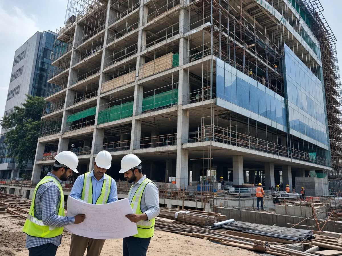 Commercial building construction site in Bangalore with project team supervising work