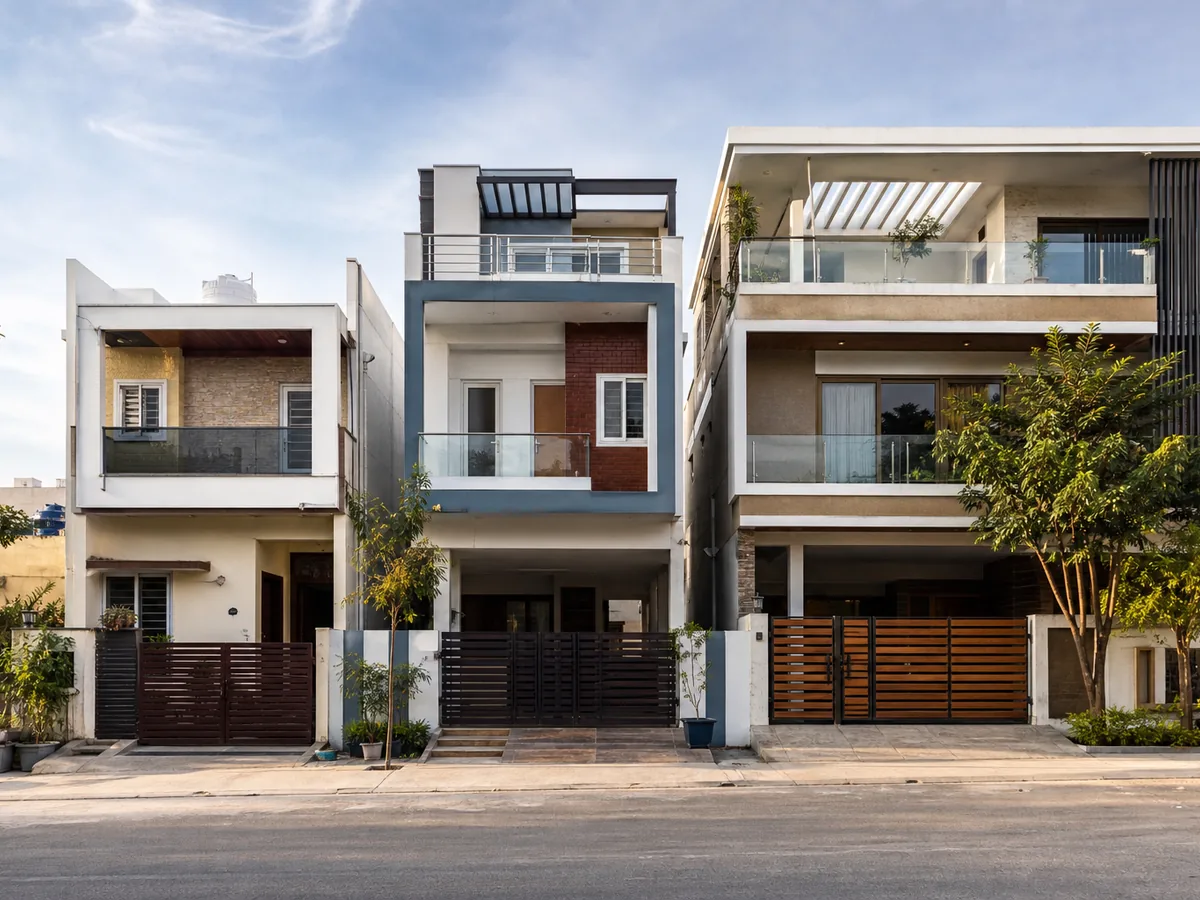 Homes with varied frontage widths representing small to large residential plot sizes