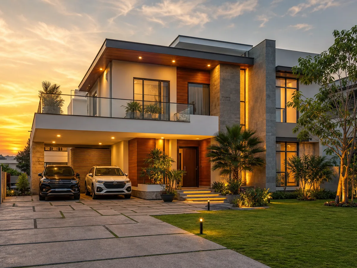 Luxury villa exterior with landscaped entry and premium facade finishes