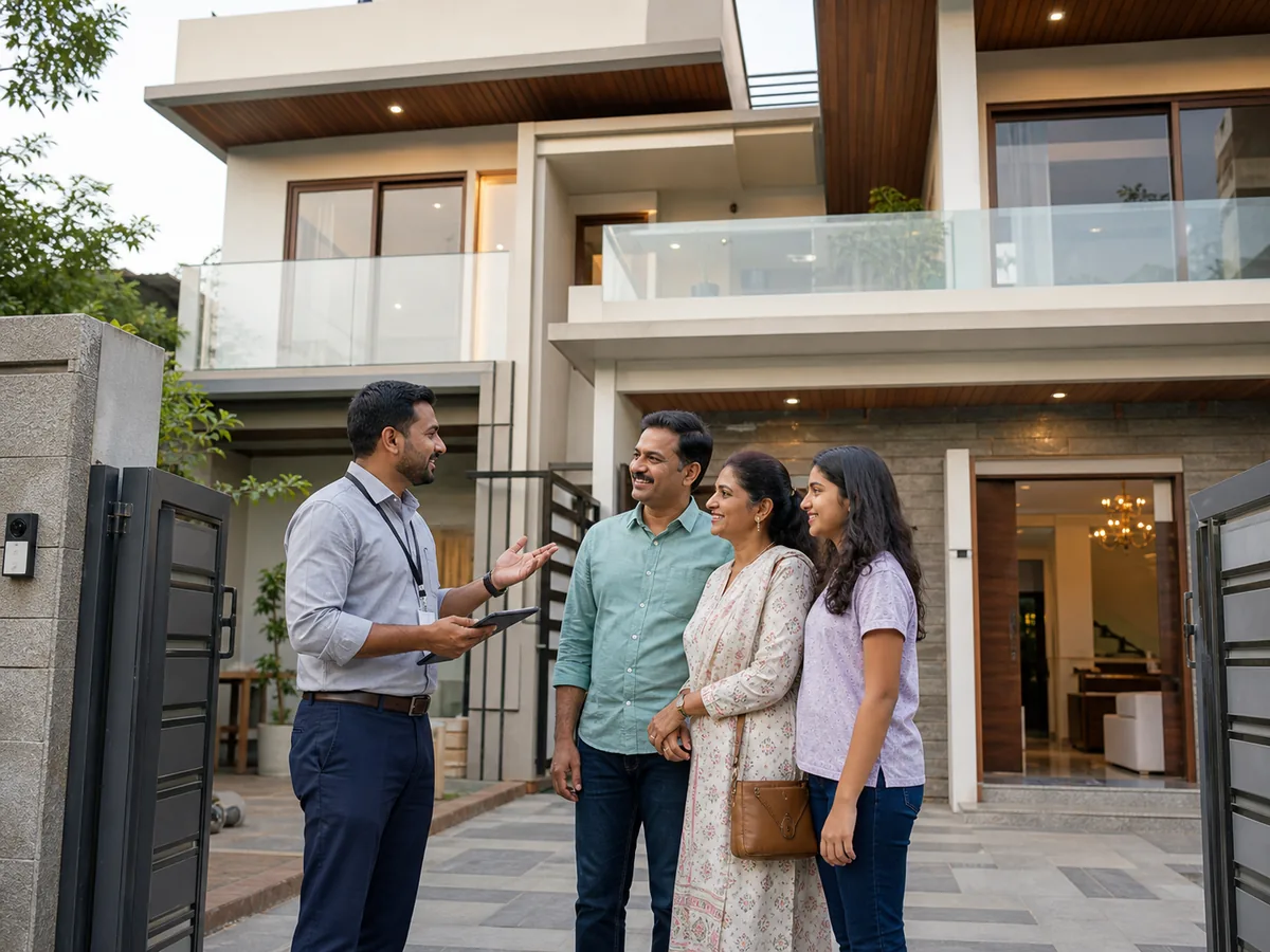 Indian project manager presenting a completed turnkey home to clients at handover in Bangalore