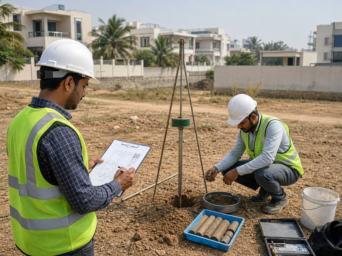 Engineer and technician conducting soil investigation at a residential plot in Bangalore