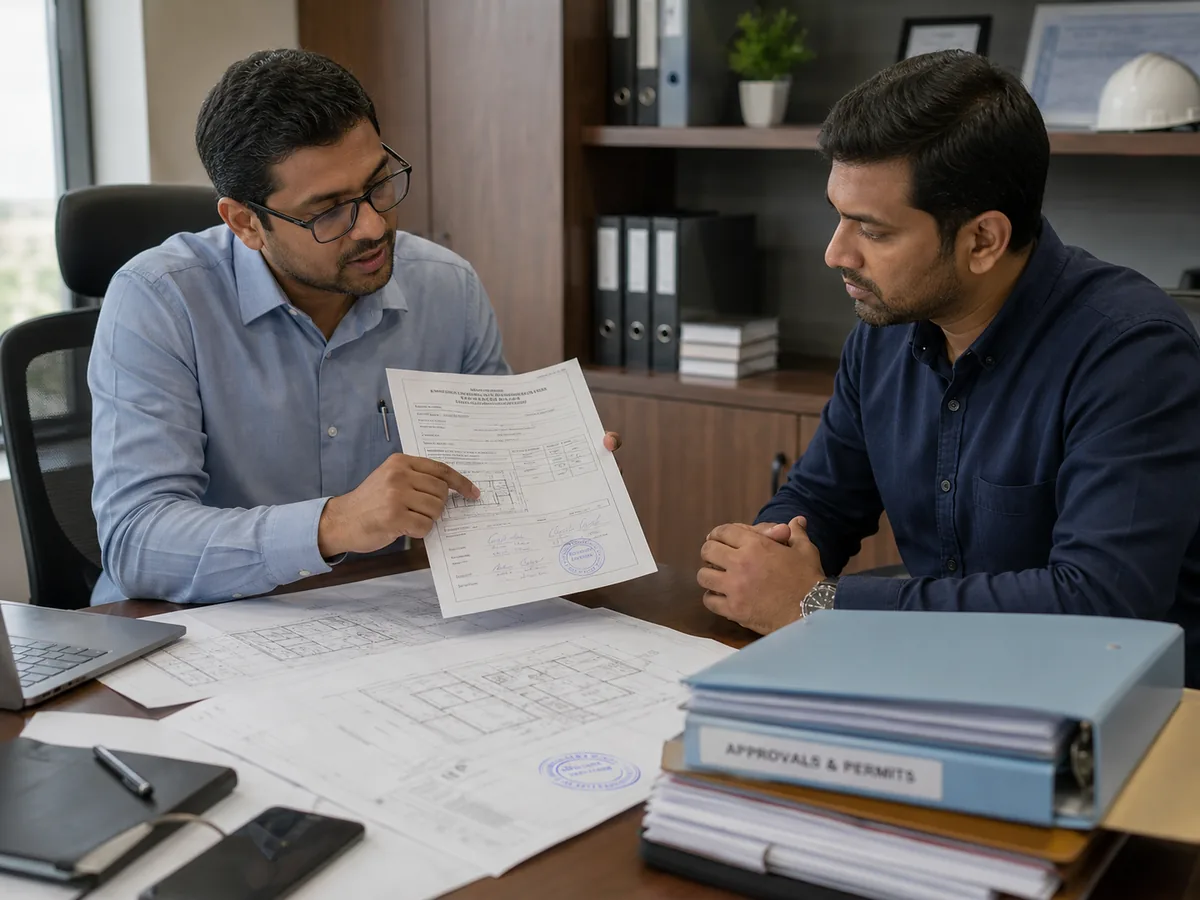 Project coordinator and client checking approval documents and sanctioned plans