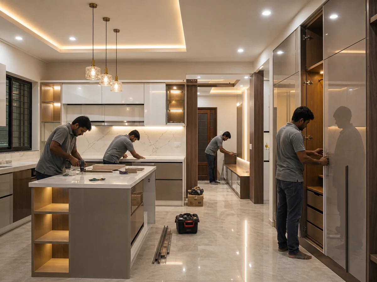 Interior team installing modular kitchen and finishing elements in a completed home