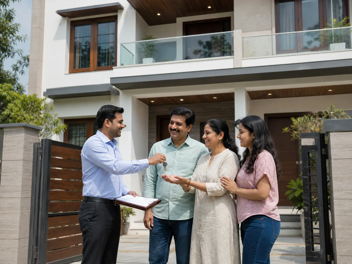 Project manager handing over keys and completion documents to homeowners